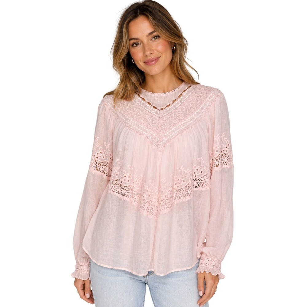 Free People Moon Cake Abigail Pink Cotton Eyelet Lace Semi Sheer Boho Blouse S